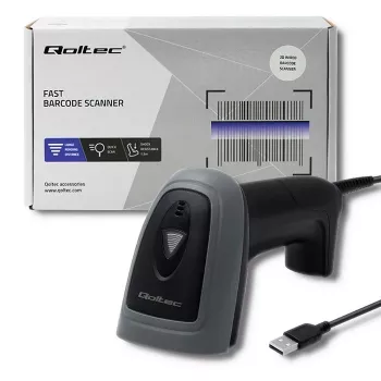 Lector de códigos de barras de mano QOLTEC 50863 — escáner 1D/2D, USB con cable, sensor LED, negro, 5V, cable de 1,8 m