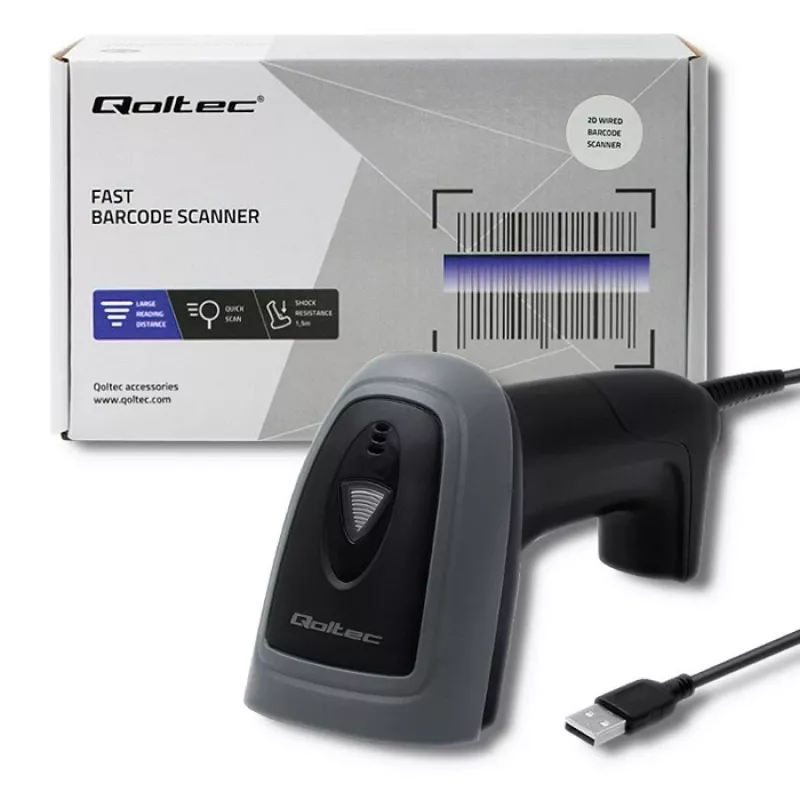 Lector de códigos de barras de mano QOLTEC 50863 — escáner 1D/2D, USB con cable, sensor LED, negro, 5V, cable de 1,8 m