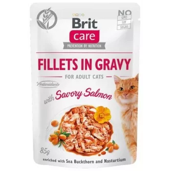 Alimento húmedo para gatos Brit Fillets in Gravy — filetes de salmón en salsa, bolsa 85 g, BRIT Care, gatos adultos, humedad 82 %