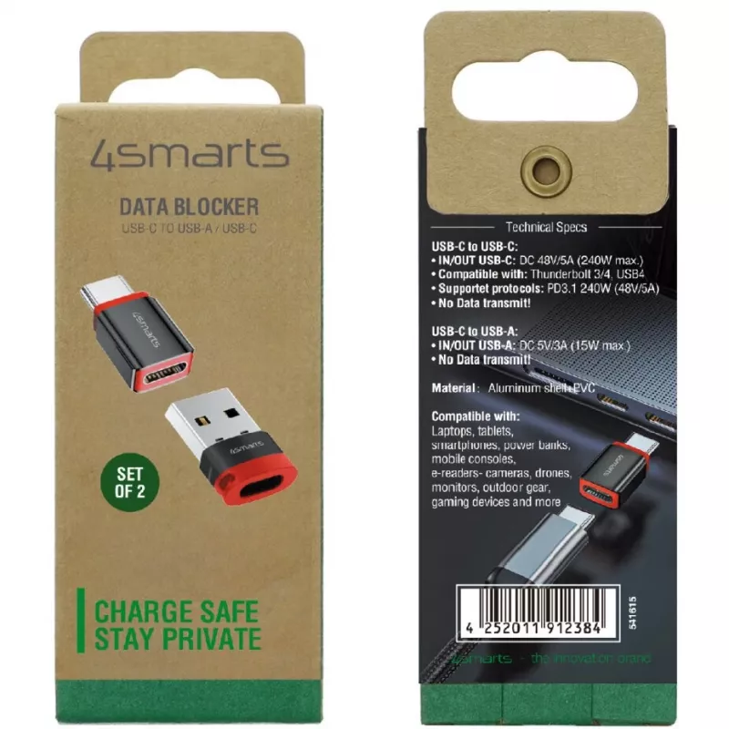 Adaptador de interfaz 4smarts 541615 – USB Type-A (host) a USB Type-C (salida), negro, conector macho a conector hembra, recto, pack de 2