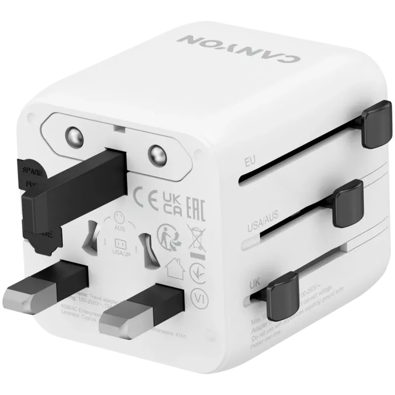 Adaptador de viaje CANYON OnTour One EU UK US AUS blanco (CNS-TA1005W) – conversión universal de enchufes para EU/UK/US/AUS