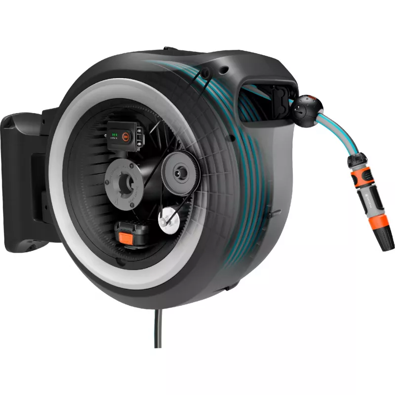 Gardena 18642-20 PowerRoll XL 18V P4A caja de manguera de pared a batería, set, 35 m, gris/blanca
