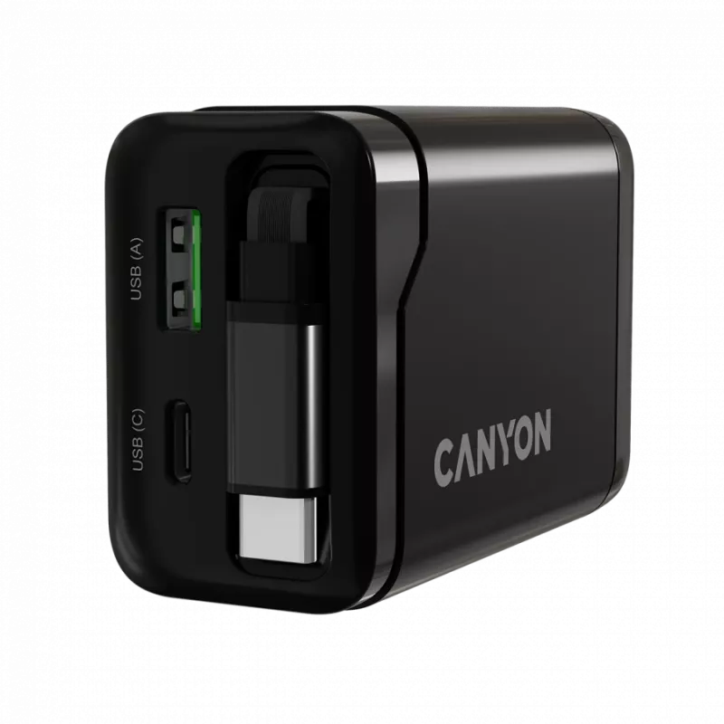 Cargador CANYON OnCharge 65RC con cable USB-C integrado, 65 W, 1x PD, 1x QC, conector EU, negro