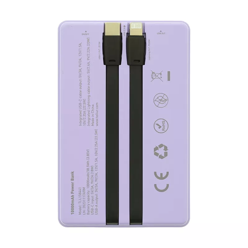 Batería portátil Tellur TLL158441, 10000 mAh, cables USB-C y Lightning integrados, violeta