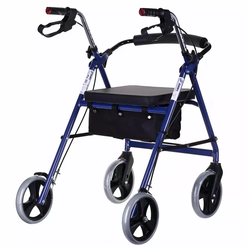 Andador de cuatro ruedas con asiento, azul/negro