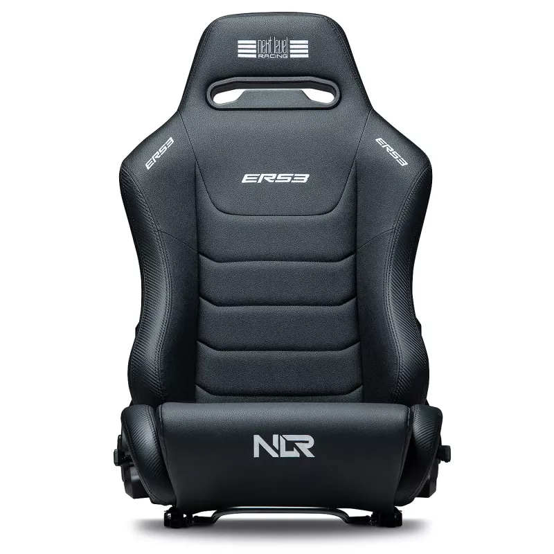 Asiento de carreras tipo baquet con respaldo ajustable Next Level Racing ERS3 Elite Premium — cuero sintético negro, respaldo reclinable, compatible con montaje en cockpit y suelo