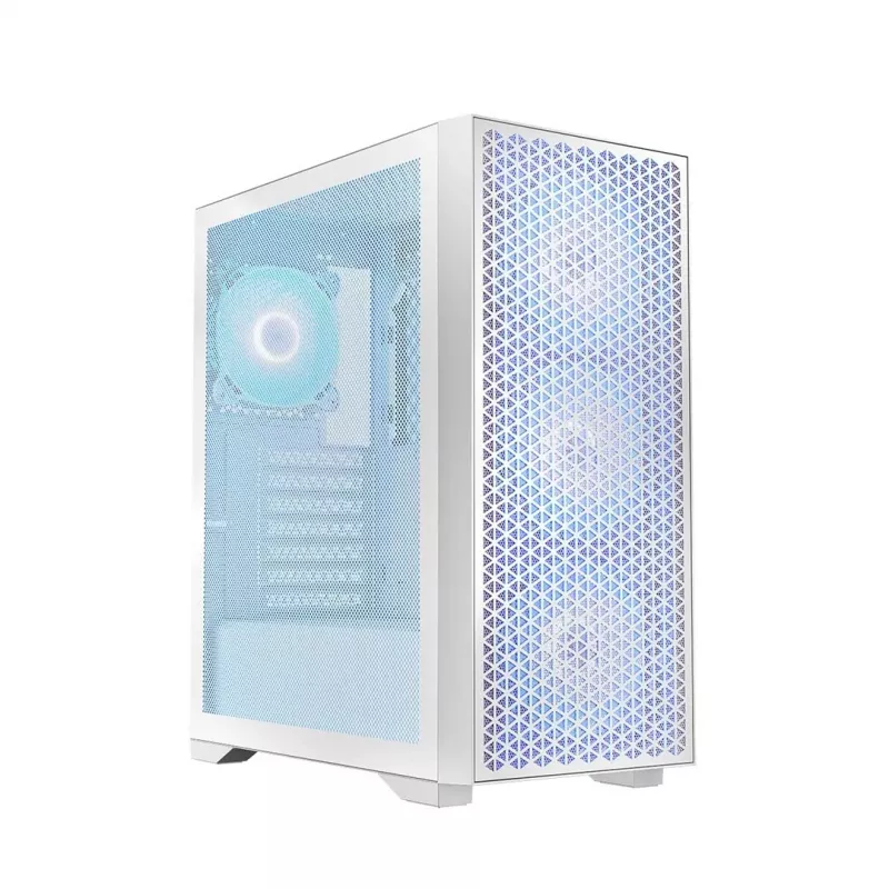 Caja de PC LOGIC Dart Pro Midi ARGB blanca — torre Midi, ATX, 456×200×385 mm, GPU máx. 34 cm, altura de disipador de CPU 155 mm, 3x120mm frontal + 1x120mm trasero, USB 3.0 x2, USB-C x1