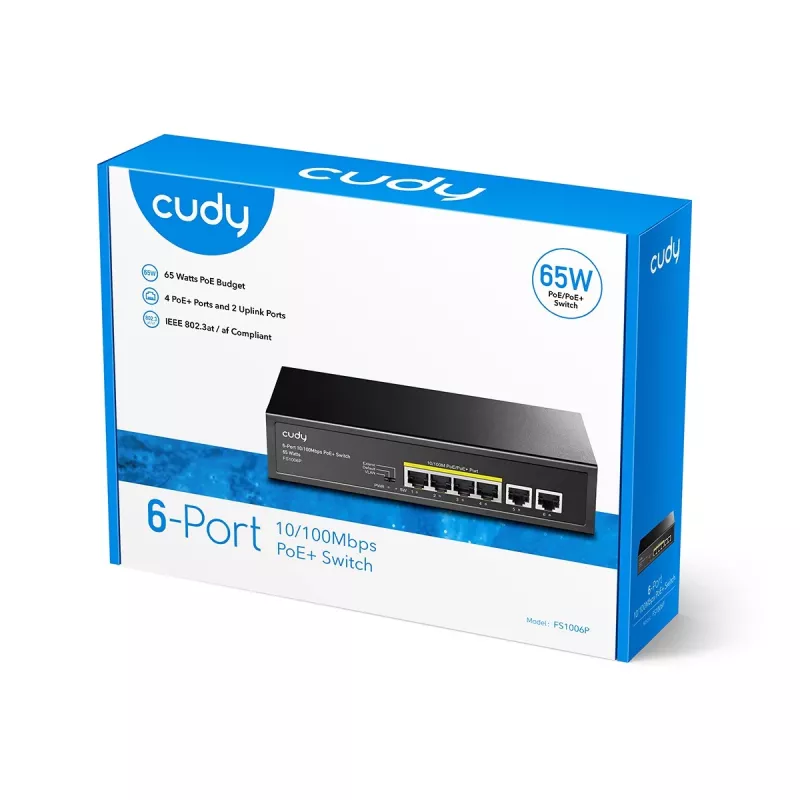 Switch de red Cudy FS1006P Fast Ethernet 6 puertos (4 PoE, 1 PoE+) 10/100 Mbit/s, 1,2 Gbit/s de ancho de banda, carcasa metálica, montaje en rack/pared