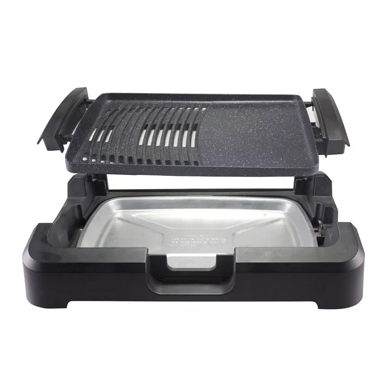 Beper 90.871 barbacoa eléctrica, placa antiadherente de 39 x 29 cm, tapa de cristal, 2200 W, negra