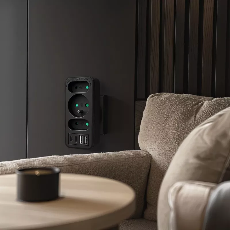 Regleta de enchufes MACLEAN MCE248 F/B — 3 tomas AC (1x16A, 2x6A) y 4 puertos USB (2xUSB‑A, 2xUSB‑C PD 20W), conector EU, negro
