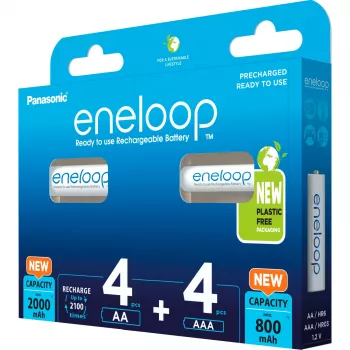 Pilas recargables Panasonic Eneloop AA 2000 mAh (4 uds.) y AAA 800 mAh (4 uds.), Ni‑MH, 1,2 V, 8 uds.