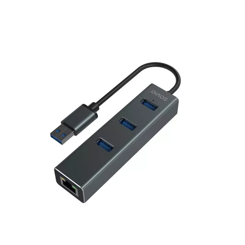 Hub USB-A SAVIO con RJ-45 Gigabit Ethernet AK-57 — 3× USB-A + RJ-45, host USB 3.2 Gen 1 Micro‑B, 5 Gbit/s, 4 puertos, gris