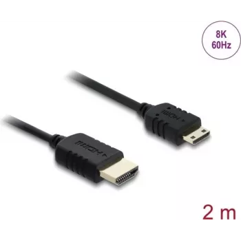 Cable HDMI DELOCK 81685 — 2 m, HDMI tipo A (macho) a HDMI tipo C (Mini, macho), 48 Gbit/s, hasta 7680×4320, contactos dorados, negro