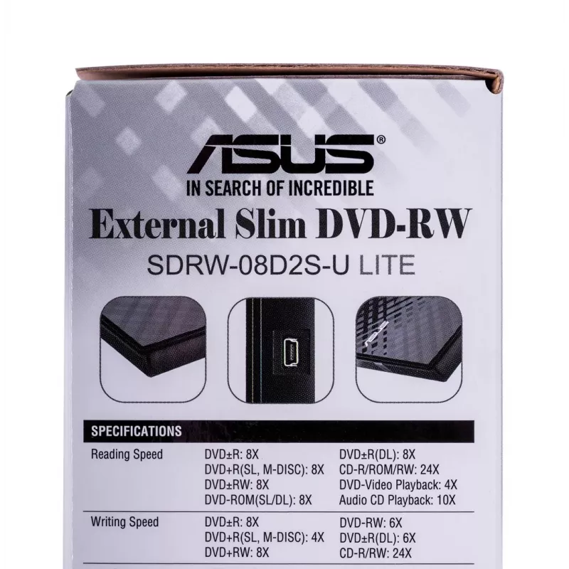 Unidad óptica externa DVD±RW ASUS SDRW-08D2S-U Lite, USB 2.0, negra, 24x CD / 8x DVD, 142×142×20 mm