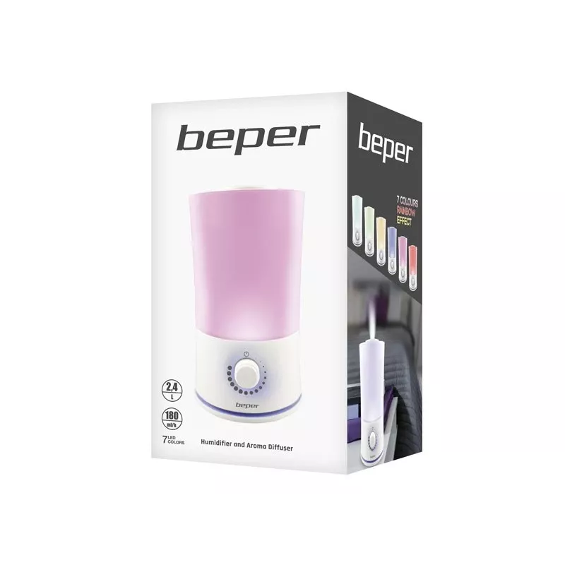 Beper 70.401 difusor de aromas ultrasónico y humidificador, 2,4 l, LED de 7 colores, 25 W