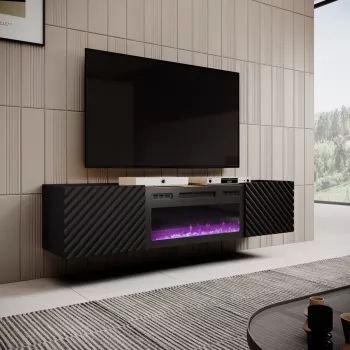 Mueble TV Cama Meble ONDA con chimenea eléctrica 1805×400×580 mm, negro, superficie de aglomerado (de pie o montado en pared)
