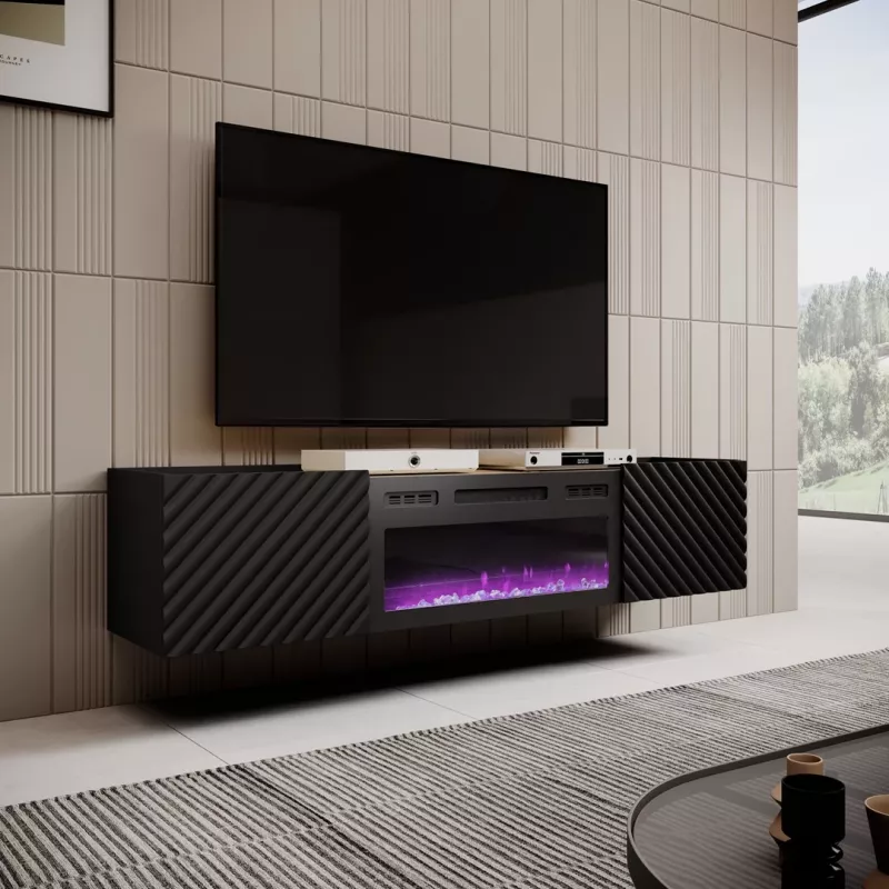Mueble TV Cama Meble ONDA con chimenea eléctrica 1805×400×580 mm, negro, superficie de aglomerado (de pie o montado en pared)