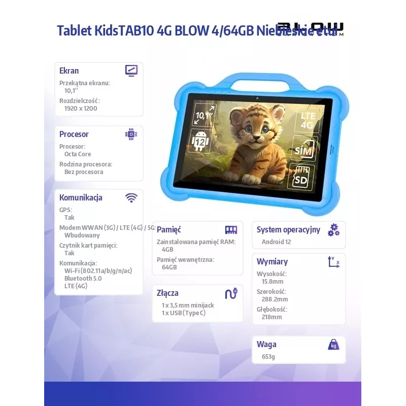BLOW KidsTAB10 4G tableta, 10,1 pulgadas FHD 1920x1200, octa-core T606 1,6 GHz, 4 GB RAM, 64 GB, Android 12, LTE, GPS, con funda, azul