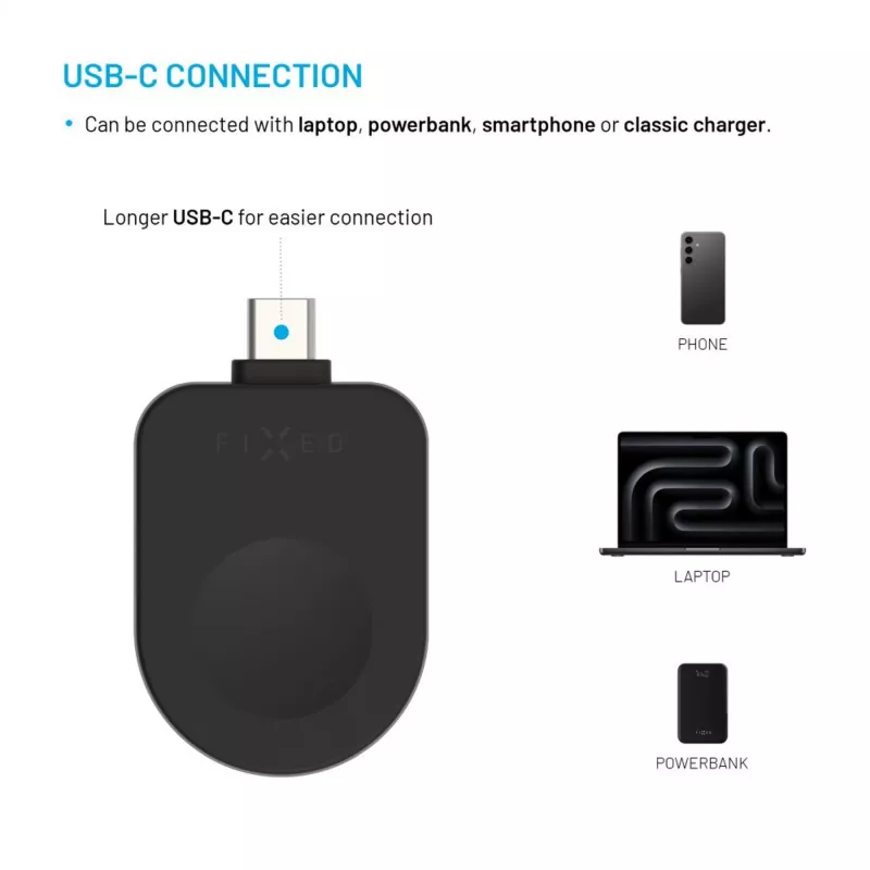 Adaptador de carga USB-C fijo FIXED FIXDW-AWAP-BK para Apple Watch Powerstation Uni, repuesto compacto