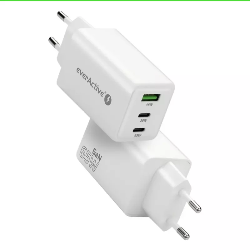 Cargador everActive SQ-655Q 65W, 1×USB-A + 2×USB-C carga rápida