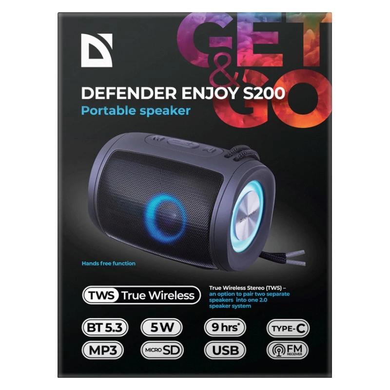 DEFENDER Enjoy S200 65200 altavoz Bluetooth portátil, TWS, 5 W, luz LED, FM, microSD, batería de 10 h, negro