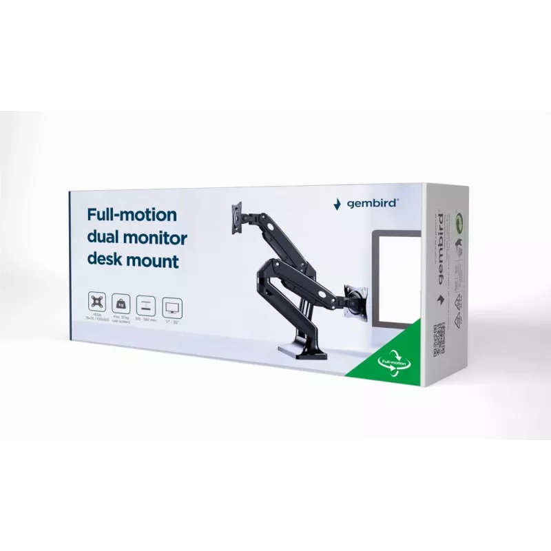 Soporte para monitor GEMBIRD MA-DA2-03 para pantallas de hasta 35 pulgadas, pinza de mesa, VESA 75x75–100x100, 20 kg, negro, Doble pantalla