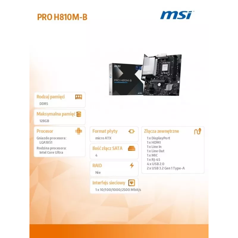 Placa base MSI PRO H810M-B Intel H810 LGA 1851 (Socket V1) micro ATX