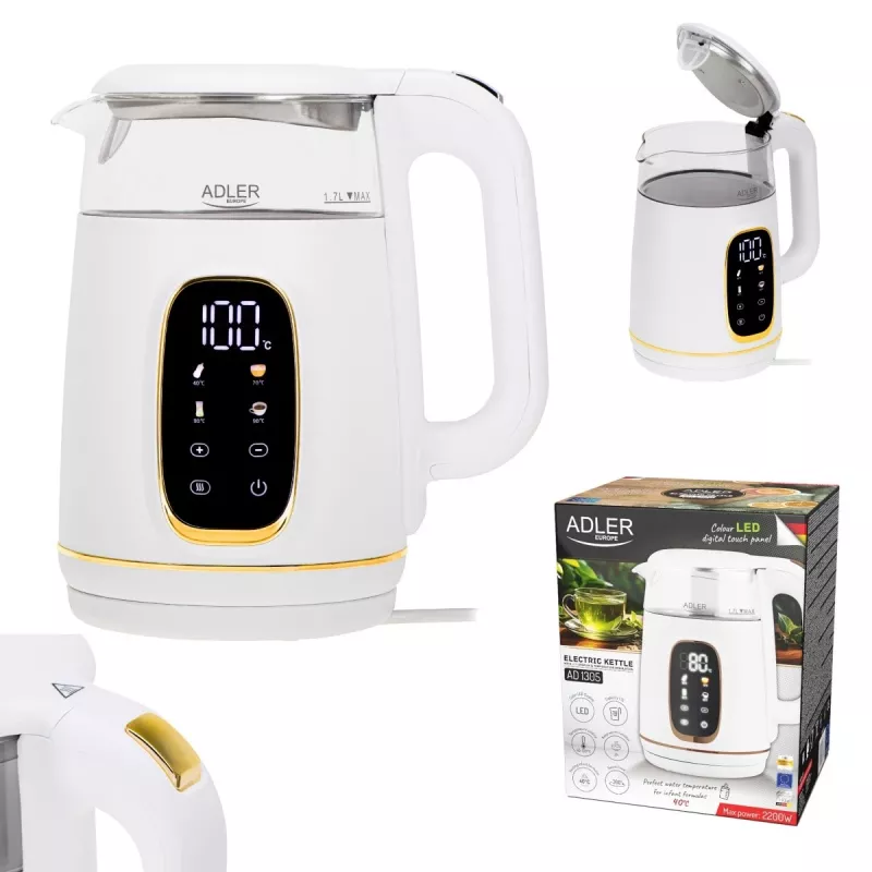 Hervidor de agua Adler AD 1305WG — 1,7 l, 2200 W, vidrio/plástico, blanco/dorado/transparente