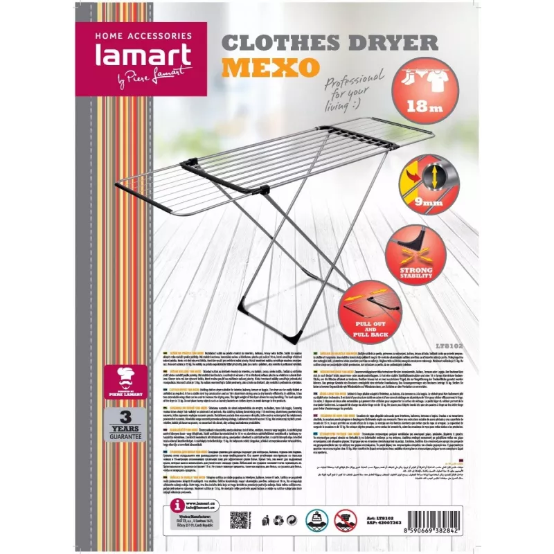 Tendedero LAMART LT8102 talla 18 M — 18 m de capacidad de tendedero, plegable para interior