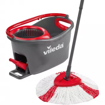 Fregona VILEDA EasyWring & Clean Turbo, cubo de tecnopolímero rojo, funda de microfibra lavable extraíble, para suelos duros