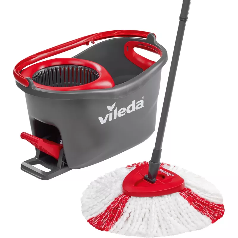 Fregona VILEDA EasyWring & Clean Turbo, cubo de tecnopolímero rojo, funda de microfibra lavable extraíble, para suelos duros