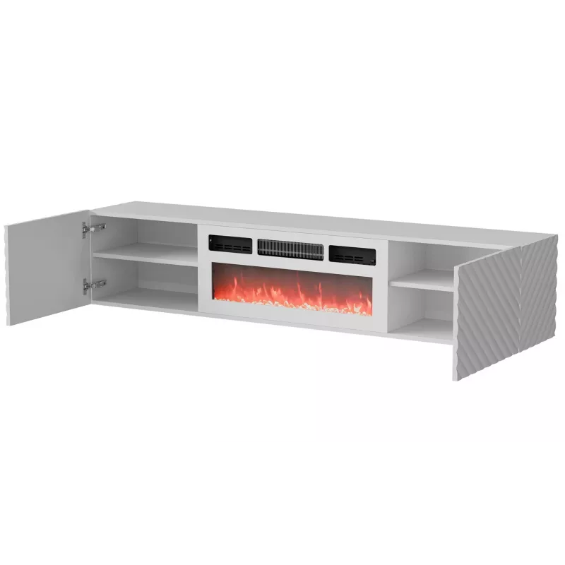 Mueble RTV Cama LARA 183x35x37 blanco mate + blanco con chimenea