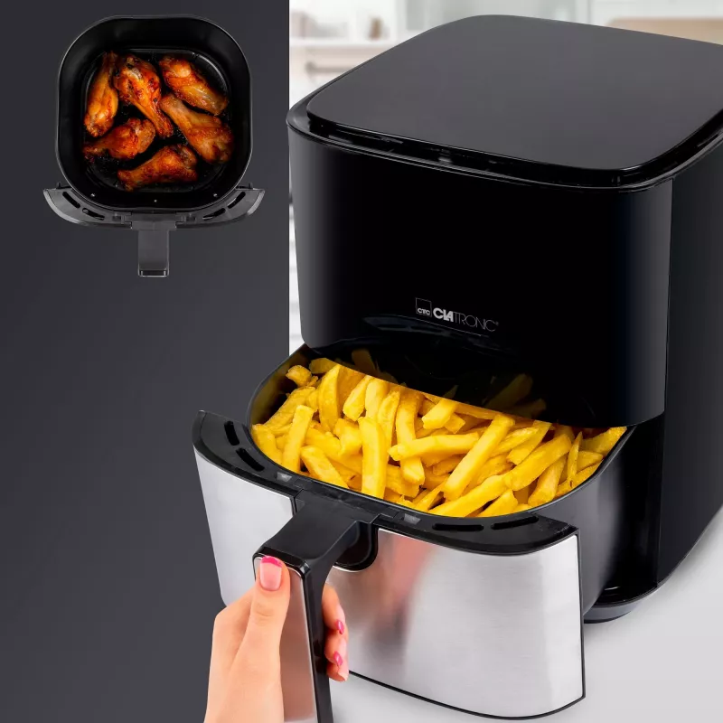 Clatronic FR 3782 H, freidora de aire, 5 l, 80 °C, 200 °C, imagen individual, negra, acero inoxidable
