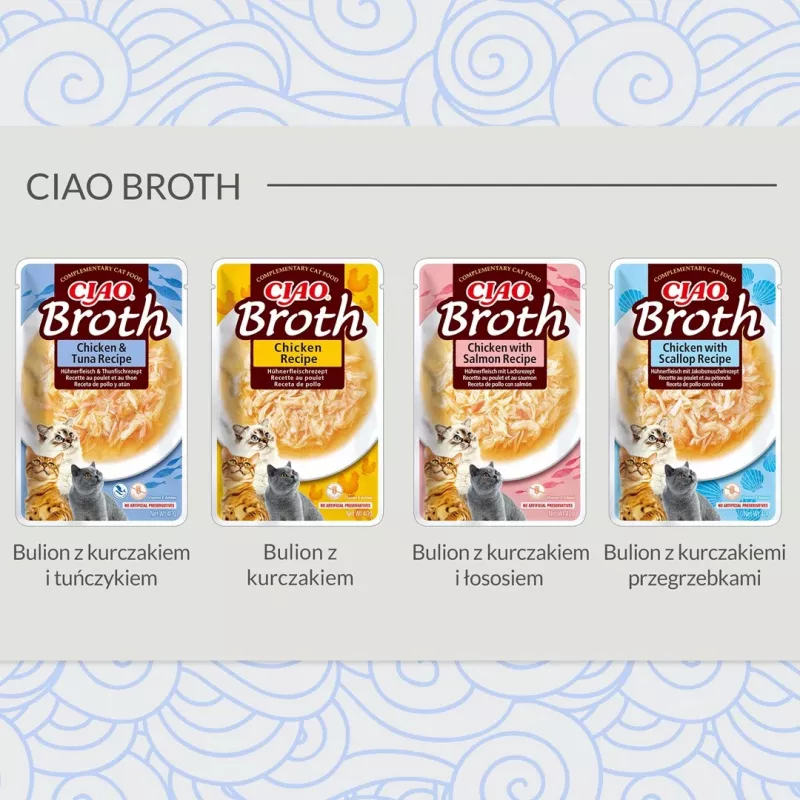 Alimento húmedo para gatos INABA Ciao Broth pollo sobre de 40 g — líquido cárnico, sin cereales, sin gluten y sin soja