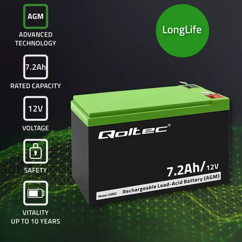 Batería Qoltec 53062 AGM | 12V | 7,2 Ah | máx. 108A