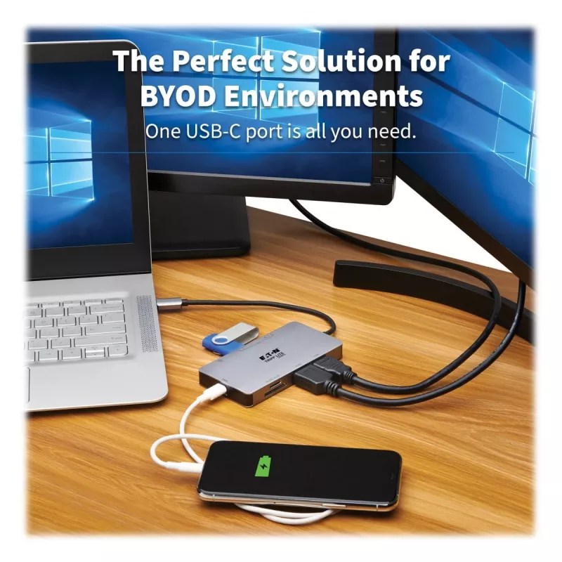 Dock USB-C Eaton Tripp Lite, doble pantalla - 4K 60 Hz HDMI, USB 3.2 Gen 1, hub USB-A, GbE, tarjeta de memoria, función de carga PD 100W, gris - Estación de acoplamiento - USB-C - 2 x HDMI - 1GbE (U442-DOCK
