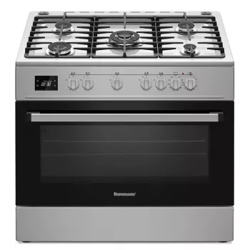 Cocina independiente Ravanson KWGE-K90A Cheff Modern — 90 cm, placa de gas con 5 quemadores y wok de 3000 W, horno eléctrico 110 l, plata