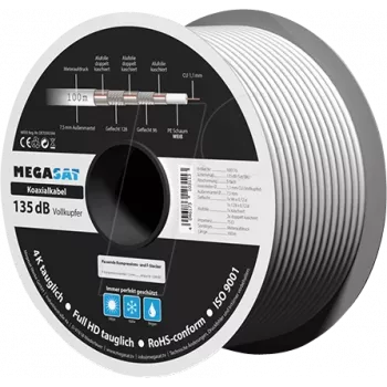Rollo de cable coaxial 100 m Megasat 100176, cable coaxial RG en bobina