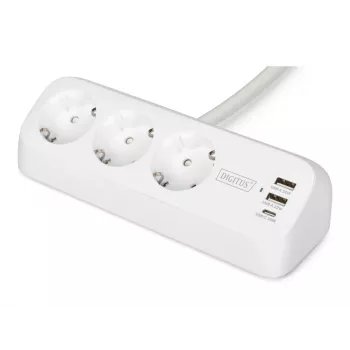 Regleta de enchufes DIGITUS 3 tomas con 2×USB-A y 1×USB-C, 3 tomas de CA tipo E/F, cable de 1,5 m, blanca