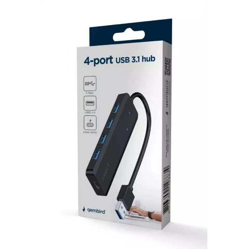 Hub USB Gembird 4 puertos USB 3.1 (Gen 1) — 4 puertos, USB 3.2 Gen 1 Type-A, 5V/2.1A, 109×30×10 mm, negro