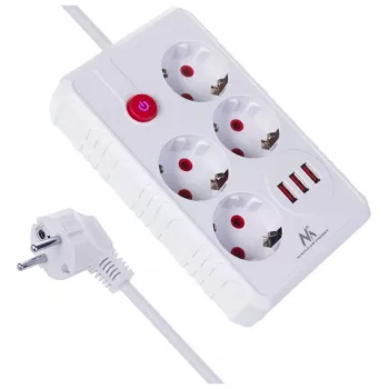 Regleta MACLEAN MCE392 W — 4 tomas de corriente F, 3×USB A, 110–240 V, 2,1 A máx., 2500 W, cable de 1,5 m, blanca