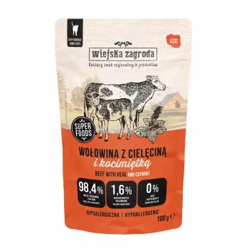 Alimento húmedo para gatos wiejskazagroda ternera con ternera lechal y hierba gatera Adult 100 g, 75% humedad, 10,8% proteína, 9% grasa