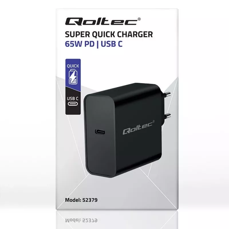 Cargador QOLTEC Super Quick PD 65W USB‑C Power Delivery 5–20V, 1x USB‑C, USB PD 3.0, conector macho Type-C, 65 W