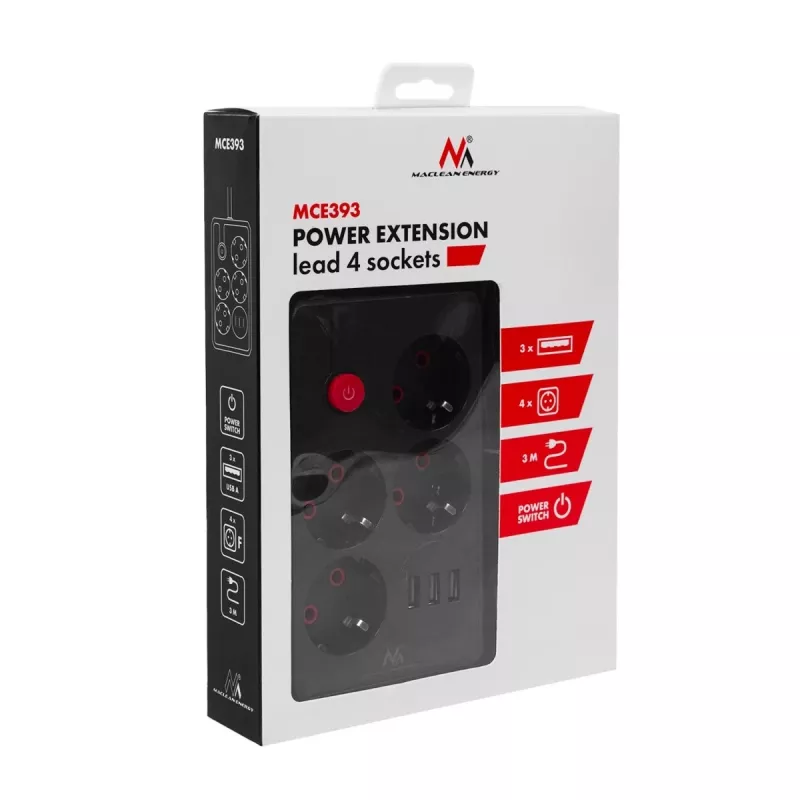 Regleta MACLEAN MCE393 B — 4 tomas de corriente, 3×USB, 110–240 V, 2500 W, cable de 3 m, negra