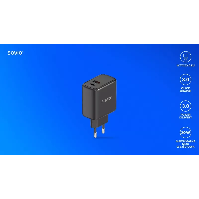Cargador de pared SAVIO LA-06/B 30 W, USB-A + USB-C, Quick Charge, Power Delivery 3.0, negro