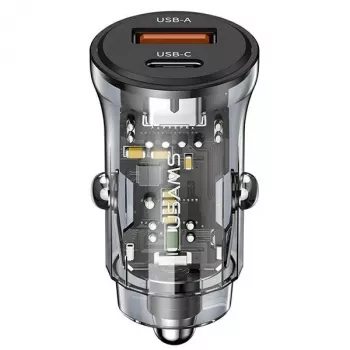 Cargador de coche usams CC164CC01 30W con 1×USB-A y 1×USB-C para carga rápida