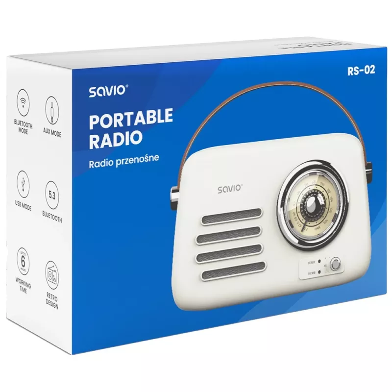 Radio portátil SAVIO RS-02 — sintonizador FM analógico, Bluetooth 5.3, alimentación por USB, 3 W, blanco