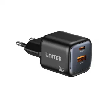 Cargador de pared Unitek P1128ABK01-EU – 2 puertos GaN USB‑C y USB‑A, 20W en total, negro