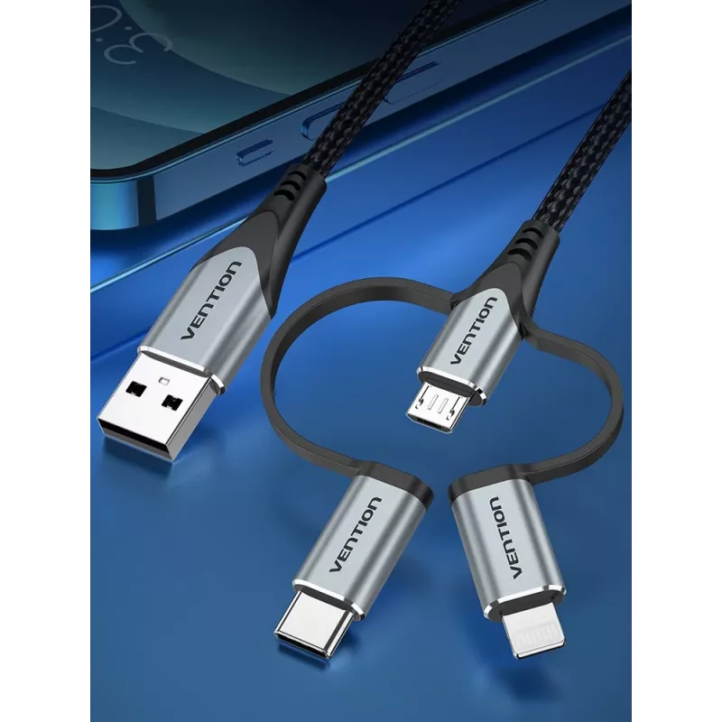 Cable Vention USB 2.0 conector macho A a conector macho 3 en 1 Micro-B&USB-C&Lightning 1M Gris Aleación de aluminio