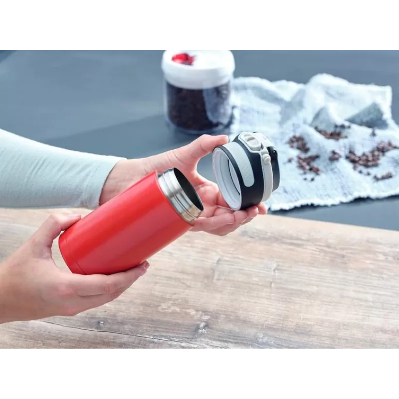 Vaso térmico Leifheit 03245 acero inoxidable 350 ml, doble pared, a prueba de fugas, tapa abatible, negro/rojo